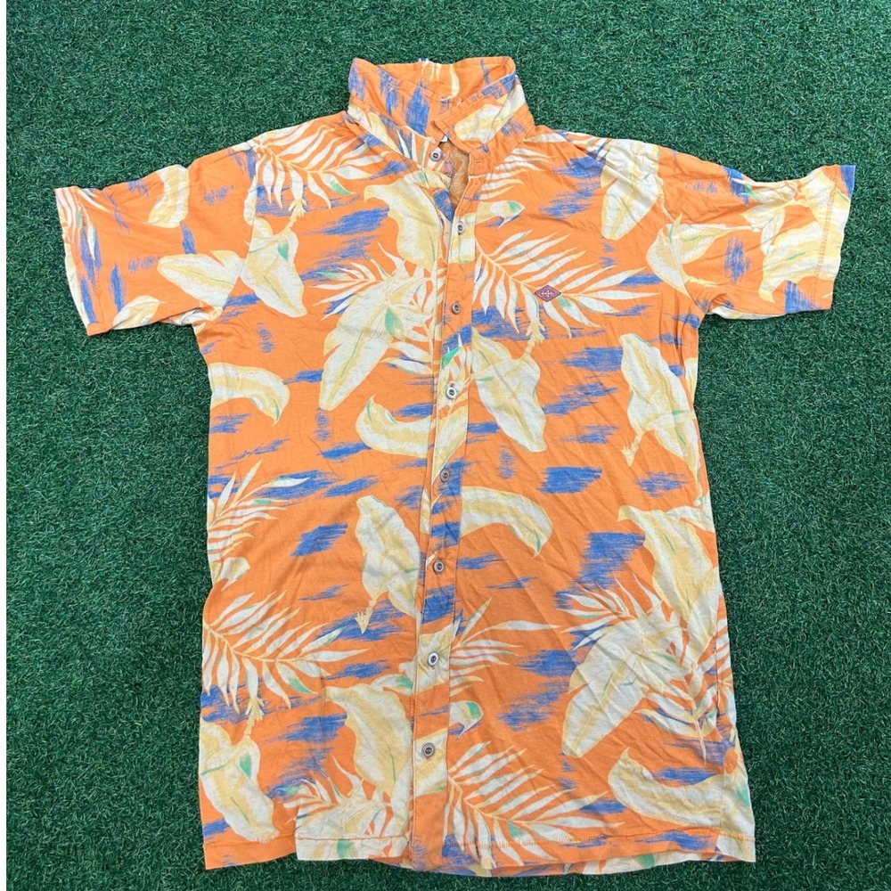 Diesel Mens Orange Tropical Palm Leaf Print Short Sleeve Button Down Shirt M